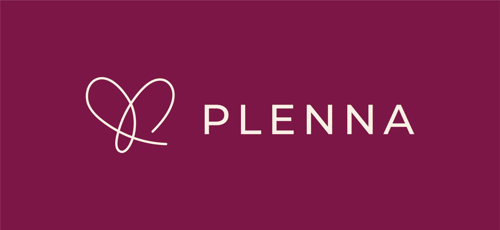 Plenna app logo with a white stylized heart symbol and wordmark on a maroon background
