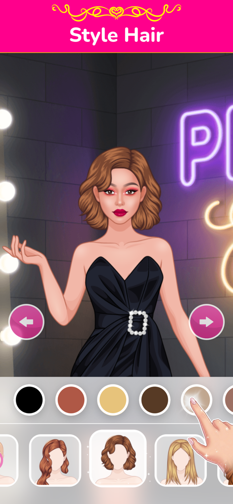 Dress Up Games: Doll Studio - A screenshot of the hair styling feature in the Doll Studio app showing various hair color and style options for a character.