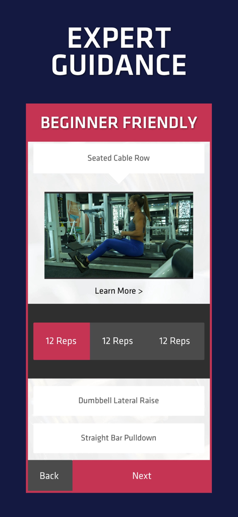 A mobile app interface showing a beginner-friendly gym exercise video for seated cable rows with rep tracking for women.