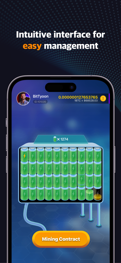 BitTycoon:BTC Cloud Mining - BitTycoon app dashboard showing Bitcoin cloud mining management and mining contract options