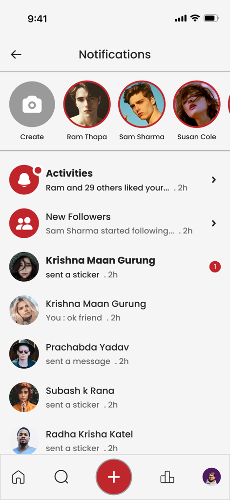 Tela de notificações e atividades do KuKu App mostrando seguidores de usuários e mensagens diretas