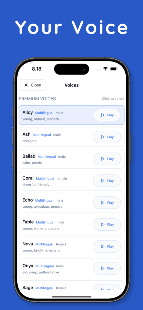Speechma - AI TTS Speech Maker - A list of premium AI voices within the Speechma app showing various male and female voice options for text to speech