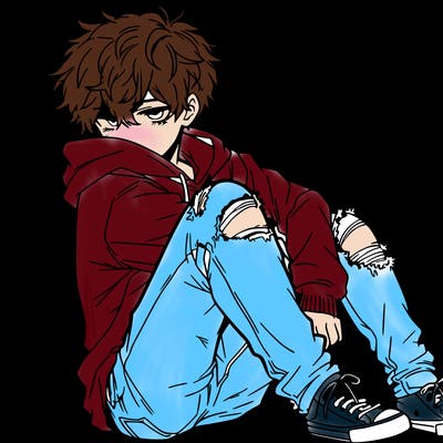 a male hoddie ripped jeans messy hair anime