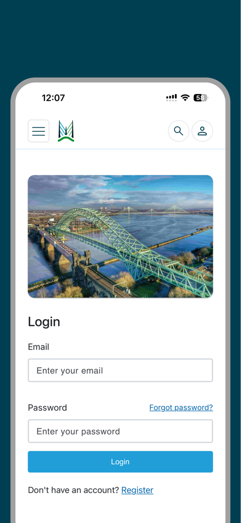 Merseyflow Quick Pay - Merseyflow Quick Pay mobile app login screen featuring email and password input fields and a photo of the Mersey Gateway bridge
