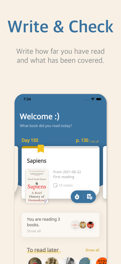 Bookmory app interface showing daily reading progress and book notes for Sapiens