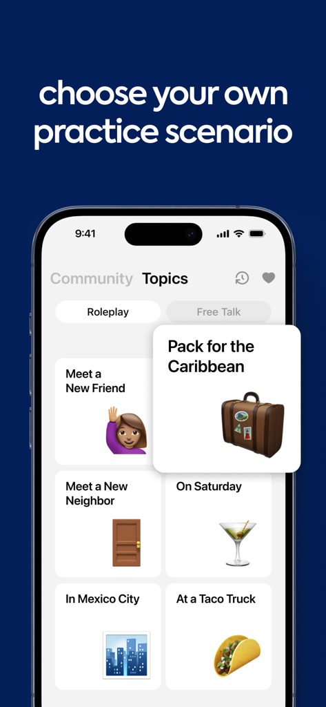 Speak app interface showing various real-life practice scenarios for language learning like packing for a trip or ordering food