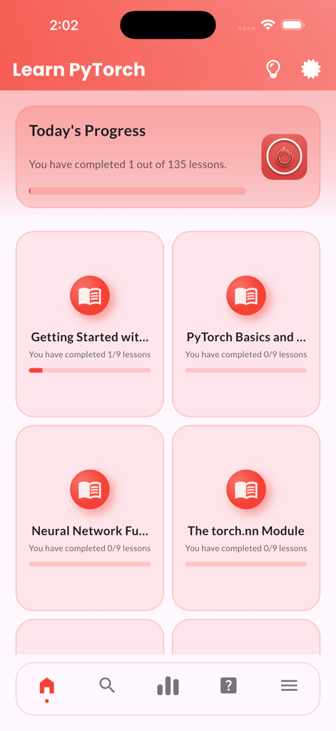 Learn PyTorch Tutorials - PyTorchアプリのダッシュボード。モジュールの進捗状況とレッスンの追跡が表示されています。