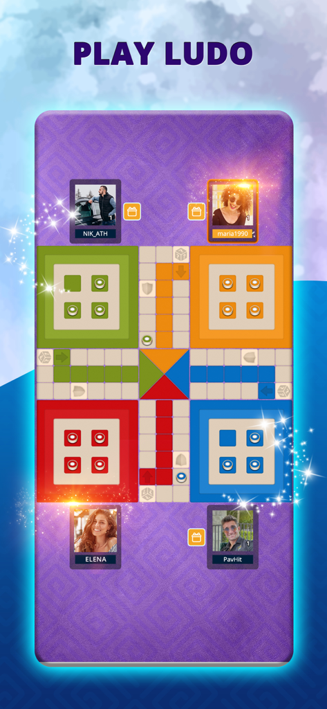 Opa.GR: Tavli, Tichu, Ludo - Ein Multiplayer-Ludo-Brettspielmatch in der Opa.GR Handy-App mit vier Spielerprofilen.
