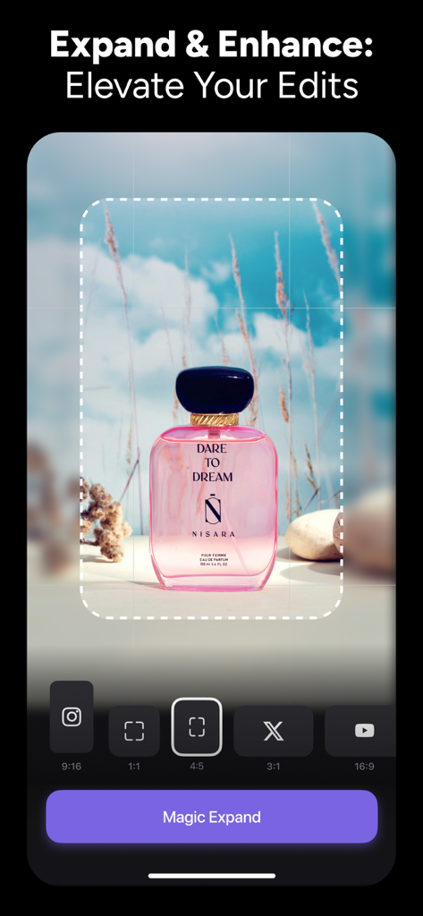 Instories App AI Magic Expand Funktion zum Ändern der Größe von Bildern für verschiedene Social-Media-Seitenverhältnisse