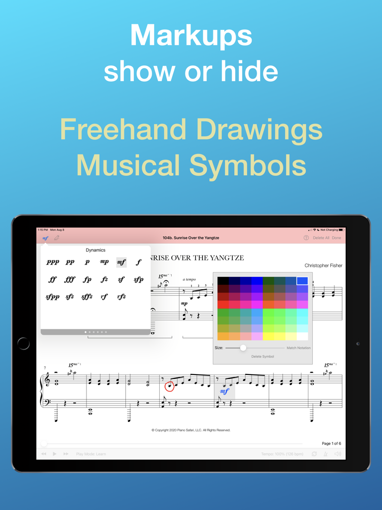 SuperScore Music - SuperScore Music app interface on iPad showing musical symbol markups and color selection for digital score annotation