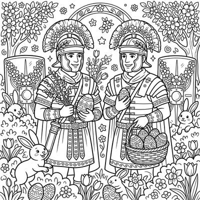 Discover an imaginative Easter scene featuring two proud Roman Legionaries adorned with spring blossoms, celebrating amidst bunnies and decorated eggs. This unique coloring page blends ancient history with festive springtime joy, perfect for creative minds.