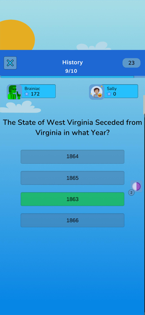 Multiplayer US history trivia question about West Virginia secession with the correct answer 1863 highlighted