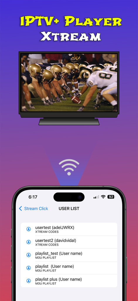 Un smartphone affichant une liste d'utilisateurs de listes de lecture M3U et Xtream se connectant à un écran de télévision montrant un match de football.