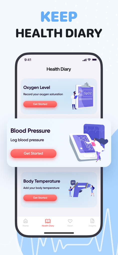 Interface of the Pulse Plus app showing the Health Diary section for logging oxygen levels, blood pressure, and body temperature.