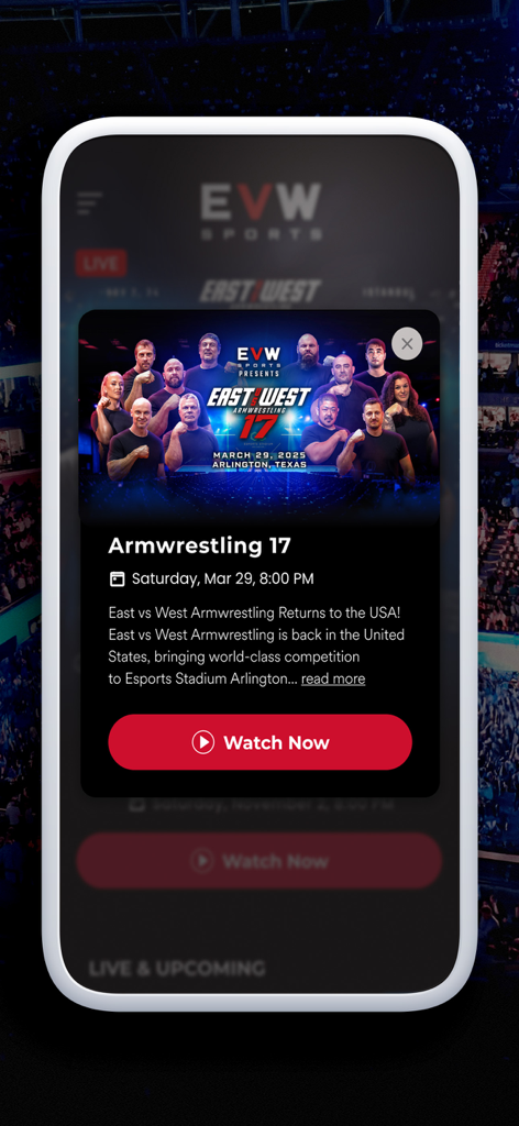 EVW Sports App-Bildschirm mit dem Event Armwrestling 17 und einem "Jetzt ansehen"-Button