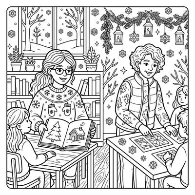 Immerse yourself in a heartwarming winter scene with our teacher and students coloring page. This delightful design captures educators sharing stories and engaging in snowy-themed activities, perfect for inspiring creative fun.