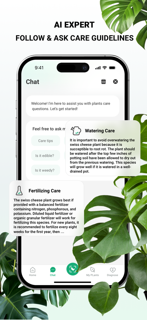 Chatbot IA dans PlantDaily fournissant des directives d'arrosage et de fertilisation pour les plantes