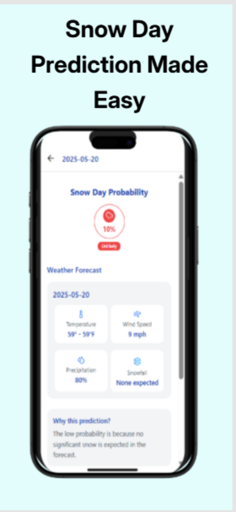 Interface of the Flurry app showing a ten percent snow day probability gauge and detailed weather forecast metrics