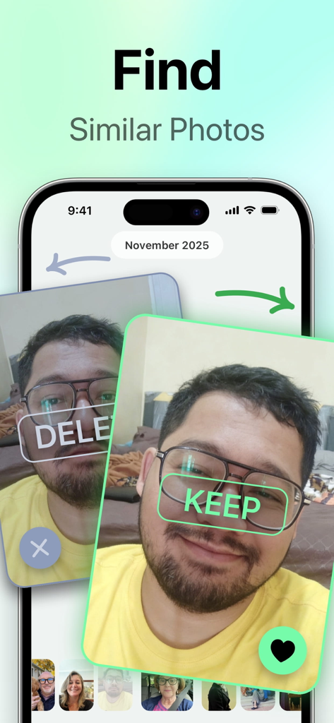 SwipeClean: Storage Cleanup - Oberfläche der SwipeClean-App, die eine Wisch-zum-Sortieren-Funktion zum Löschen oder Beibehalten ähnlicher Fotos auf einem iPhone zeigt