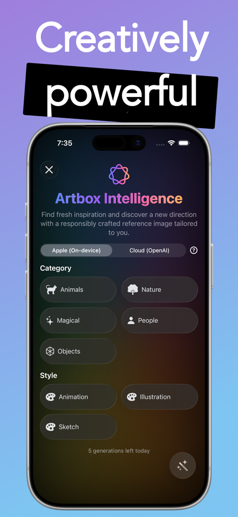 Artbox app screenshot of the Artbox Intelligence AI inspiration feature showing categories and artistic styles.