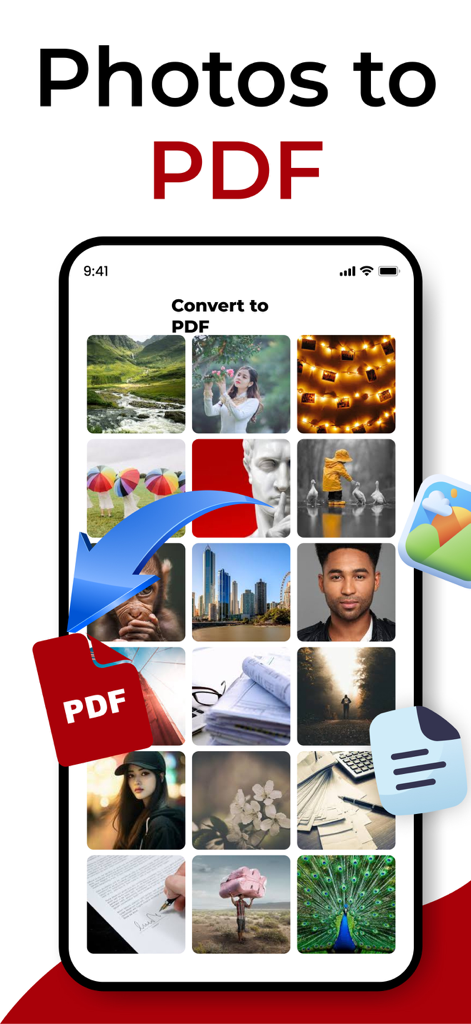 여러 이미지를 PDF 문서로 변환하는 사진을 보여주는 사진을 PDF로 앱의 인터페이스.