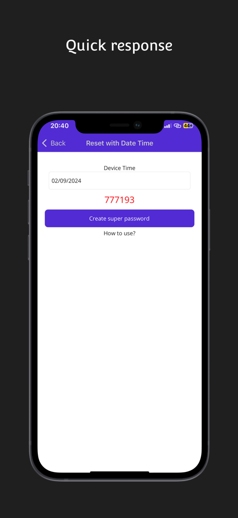 CCTV Super Password - Interface of the CCTV Super Password app showing a generated master password based on a specific device date and time.