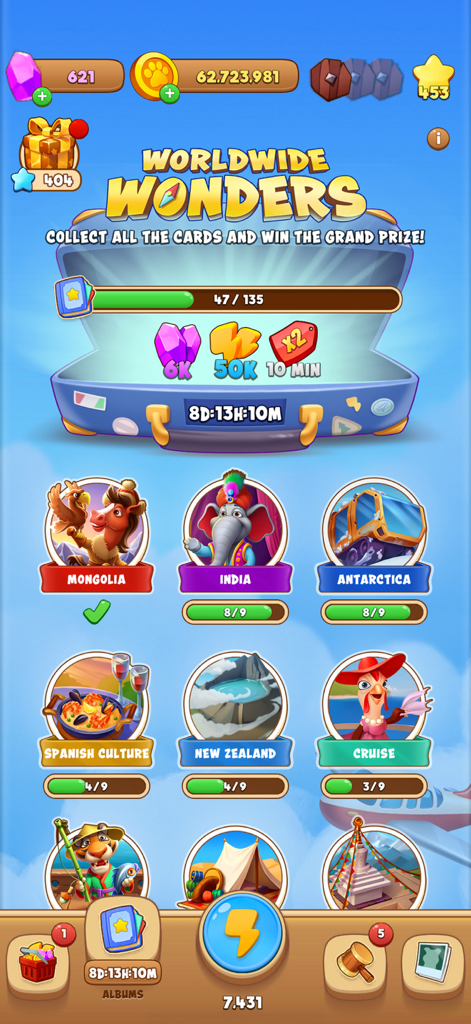 Pantalla del juego Animales y Monedas que muestra el menú de colección de cartas Maravillas del Mundo con conjuntos de cartas temáticas de países y recompensas