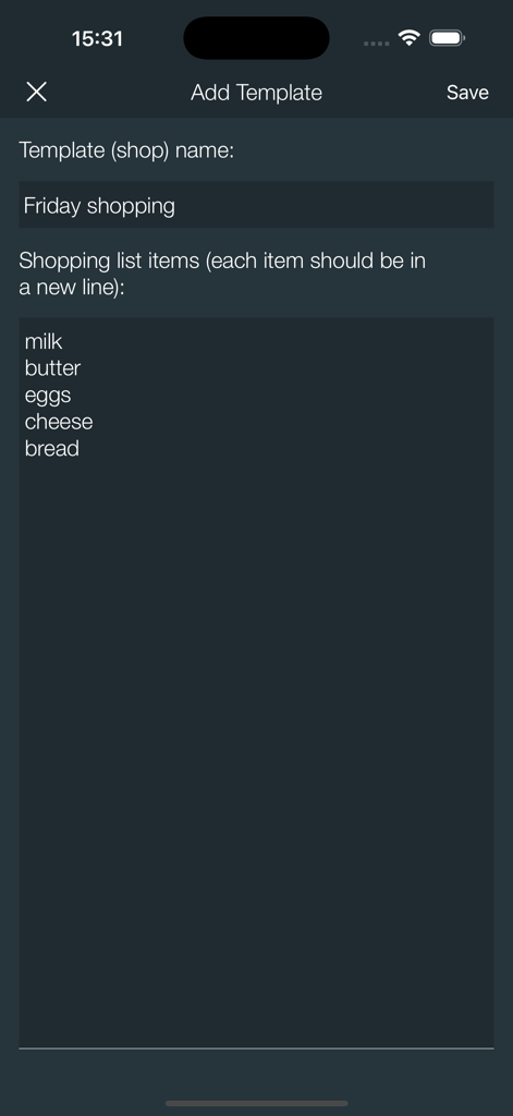Interfaz de la aplicación Quick Shopping List que muestra la creación de una plantilla de compras de viernes con artículos como leche, mantequilla y huevos.