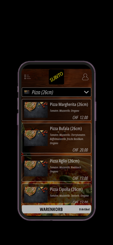 Bildschirm der mobilen App, der eine Pizzakarte mit Preisen für Subito Pizza Kurier anzeigt