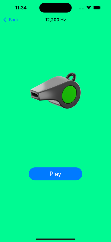 Dog whistle app interface with 12200 Hz frequency display and play button