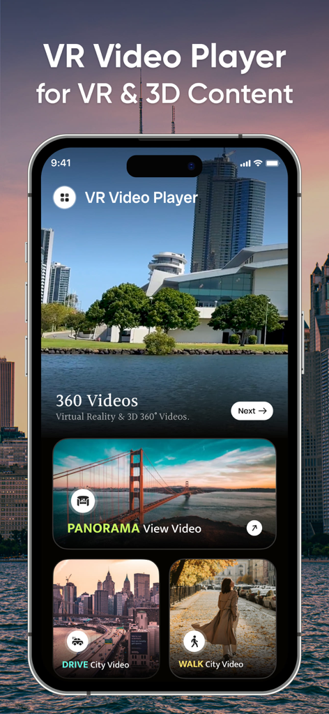 Interfaz de la aplicación VR Video Player mostrando categorías para vídeo de ciudad panorámico de 360 grados, en coche y caminando.