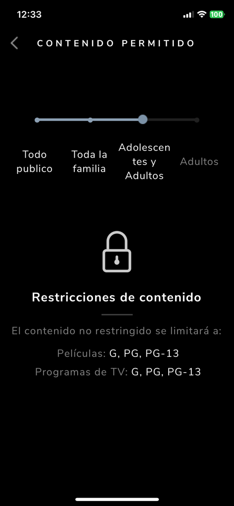WAVE - Écran des paramètres de contrôle parental de l'application WAVE montrant les niveaux de restriction de contenu en espagnol