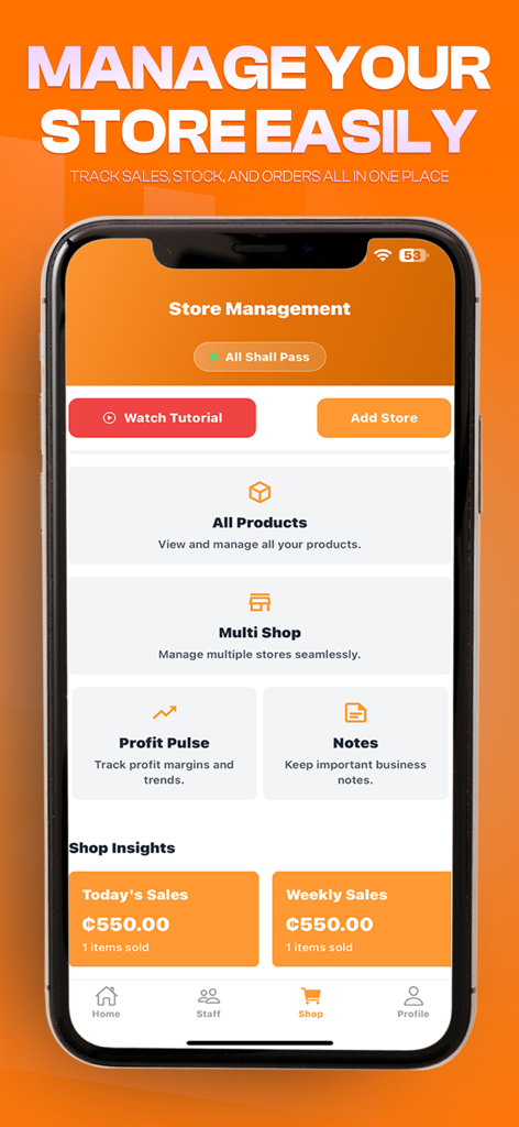 Dashboard do aplicativo móvel REE SERVICES mostrando recursos de gerenciamento de loja e insights de vendas diárias