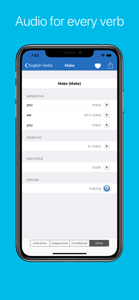 Pantalla de la aplicación English Verb Conjugator que muestra la conjugación y la pronunciación de audio del verbo 'make'.