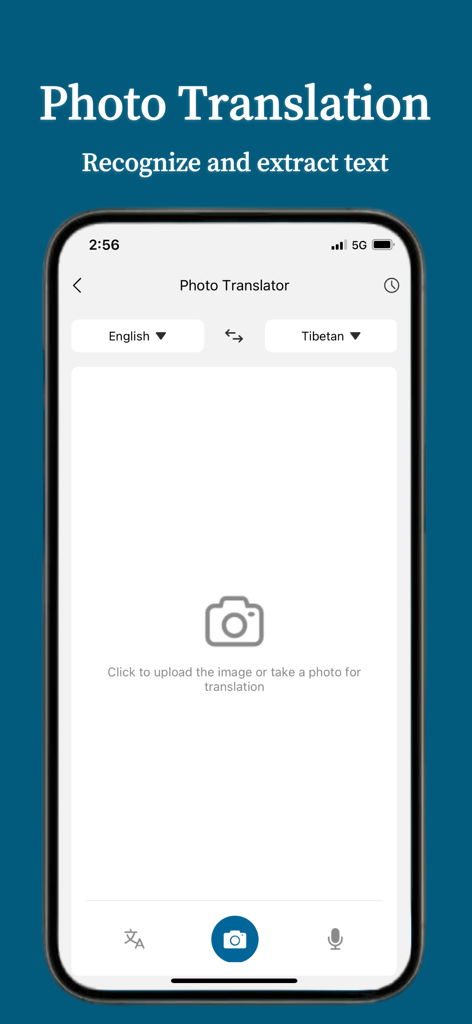 Oberfläche der Deep Tibetan Translator App, die die Funktion zur Fotoübersetzung und Textextraktion zwischen Englisch und Tibetisch zeigt