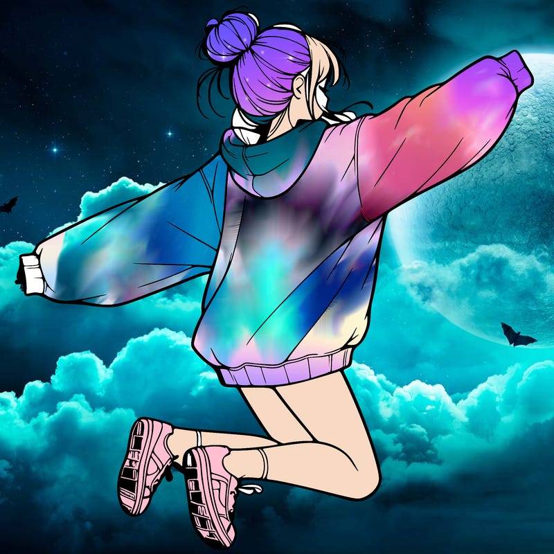 realistic girl jumping with a bun and oversized sweatshirt