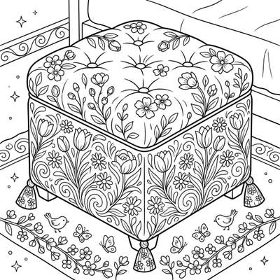 Welcome the beauty of spring into your home with this charming bedroom ottoman coloring page. Dive into a world of intricate floral designs, sweet birds, and delicate butterflies, perfect for a peaceful coloring escape.