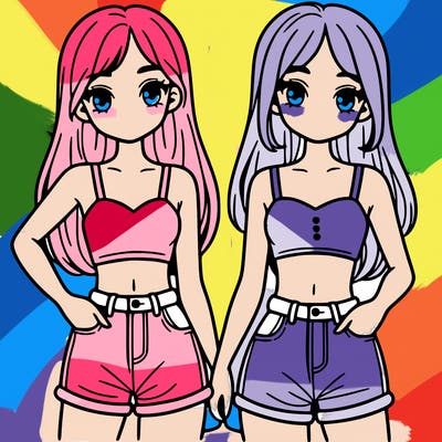 two sisters with crop tops and jean shorts and straight hair