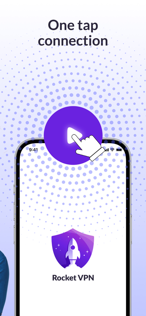 Rocket VPN app interface showing the one tap connection feature on an iPhone screen