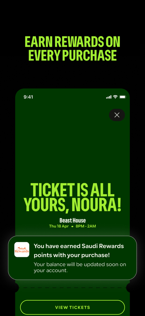 NOFOMO: Saudi Music Events - A mobile app screen confirming a ticket purchase for a music event and highlighting earned loyalty points from the Saudi Rewards program.