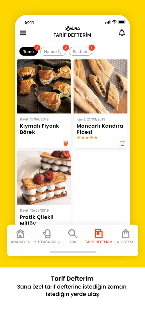 Lokma app interface showing the personal recipe notebook with saved Turkish dishes and high quality food photography