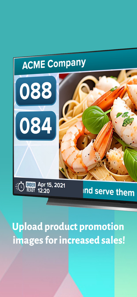Écran TV affichant des numéros de commande et une promotion alimentaire à l'aide de l'application OrderReady