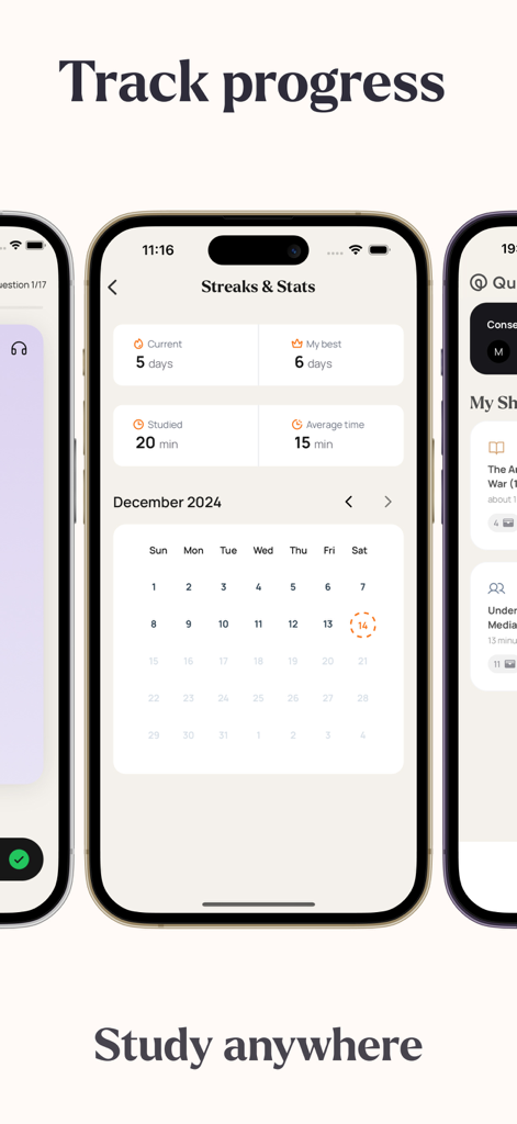Quiztr - Revision Sheets - Uno smartphone che mostra la schermata delle statistiche e delle serie dell'app Quiztr con un calendario di studio e metriche di attività.