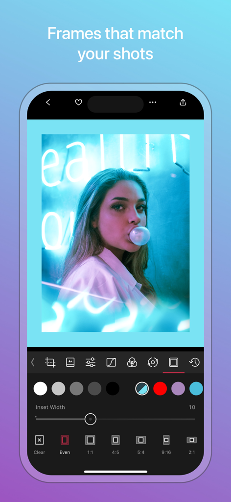 Darkroom: Photo & Video Editor - Darkroom App-Oberfläche, die das Werkzeug zur Anpassung von Fotorahmen und Rändern mit einem Porträtfoto anzeigt.