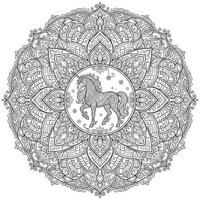 Dive into a world of myth and relaxation with this stunning adult coloring page featuring a majestic unicorn at the heart of an intricate mandala. Perfect for destressing and unleashing your creative spirit with detailed patterns.