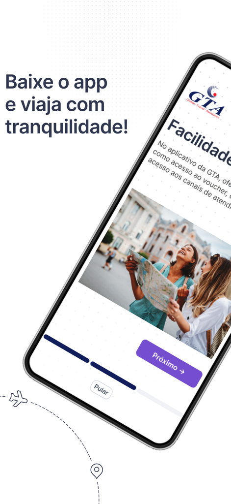 Tela de boas-vindas do aplicativo GTA Travel Insurance mostrando duas viajantes olhando um mapa em uma cidade.
