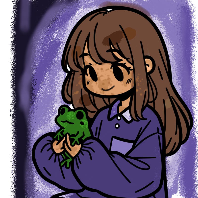girl with long hair and a oversized shirt. and she is holding a frog