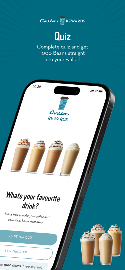 Caribou Rewards - Pantalla de la aplicación móvil Caribou Rewards con un cuestionario de preferencias de bebidas para ganar mil frijoles.