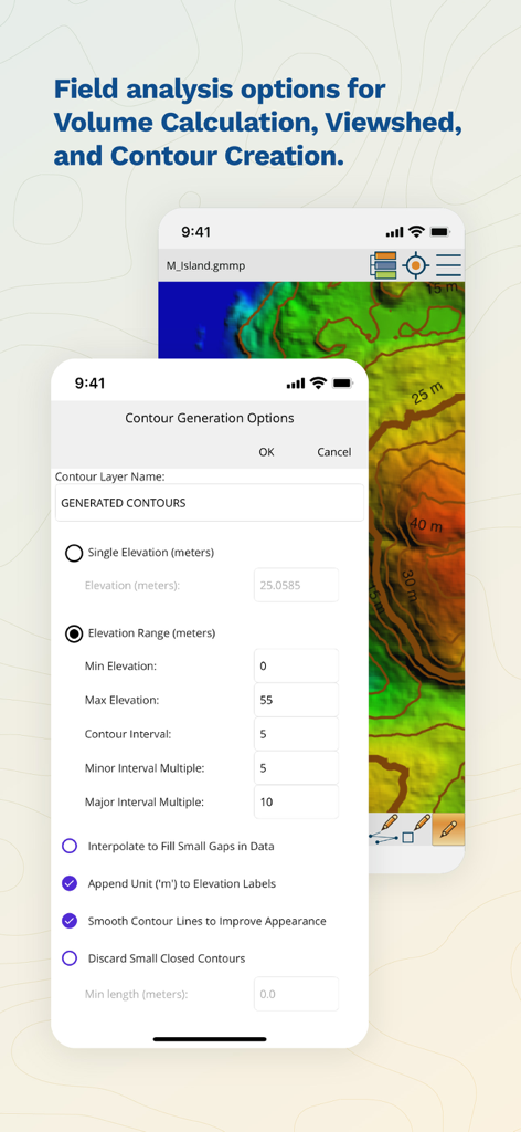 Interfaccia di Global Mapper Mobile che mostra le opzioni di generazione delle curve di livello per l'analisi sul campo