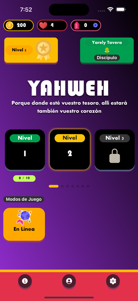 Juego Bíblico Yahweh - Main menu of the Juego Biblico Yahweh app showing level selection and player progress